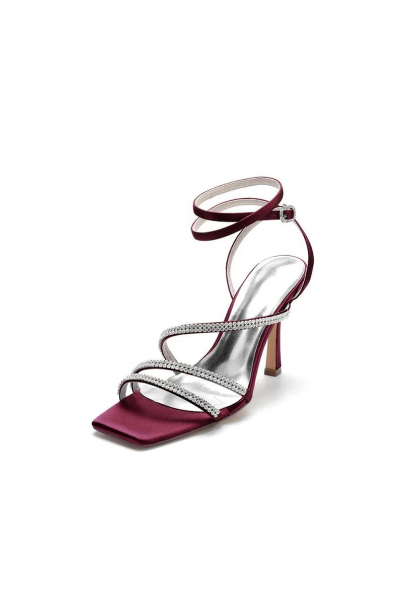 Multi Crystal Straps Square Open Toe Chunky Heels - BOLODOO