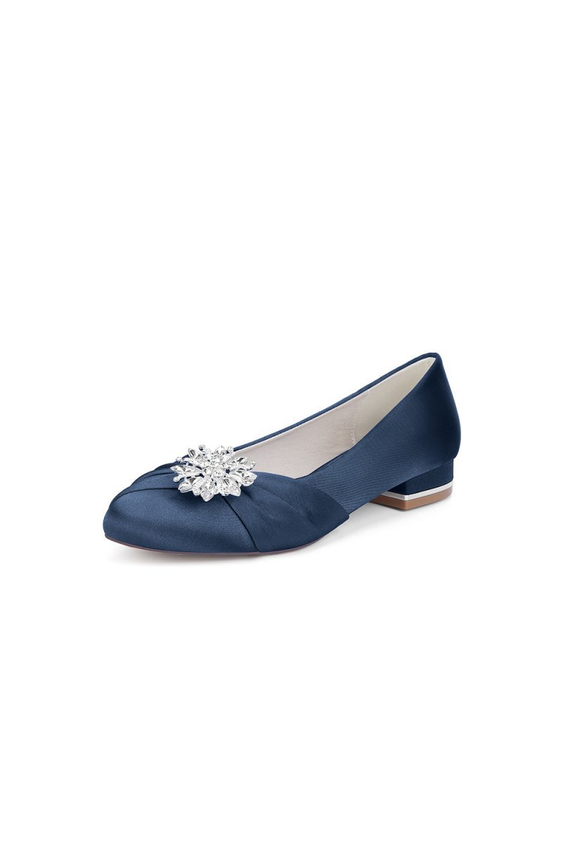 Navy Blue Flat Shoes with Crystal Flower Decoration - BOLODOO