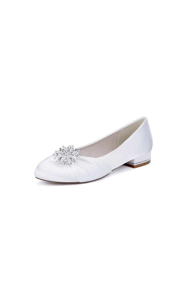 Navy Blue Flat Shoes with Crystal Flower Decoration - BOLODOO
