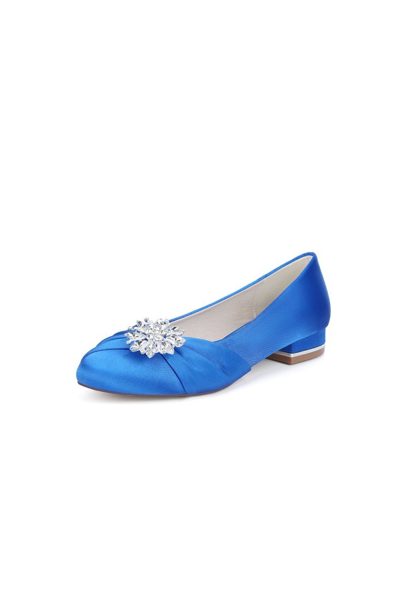 Navy Blue Flat Shoes with Crystal Flower Decoration - BOLODOO