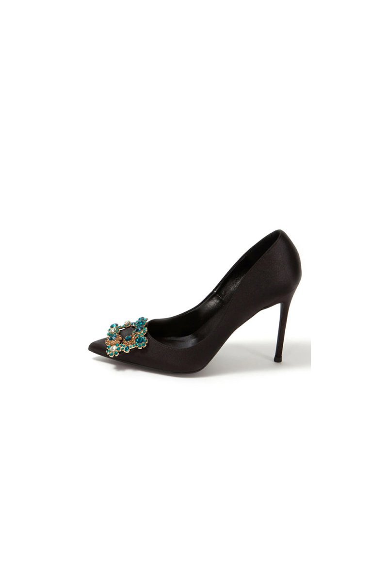 Navy Wedding Satin Pointed Toe Rhinestones Buckle Stiletto Heel Pumps - BOLODOO