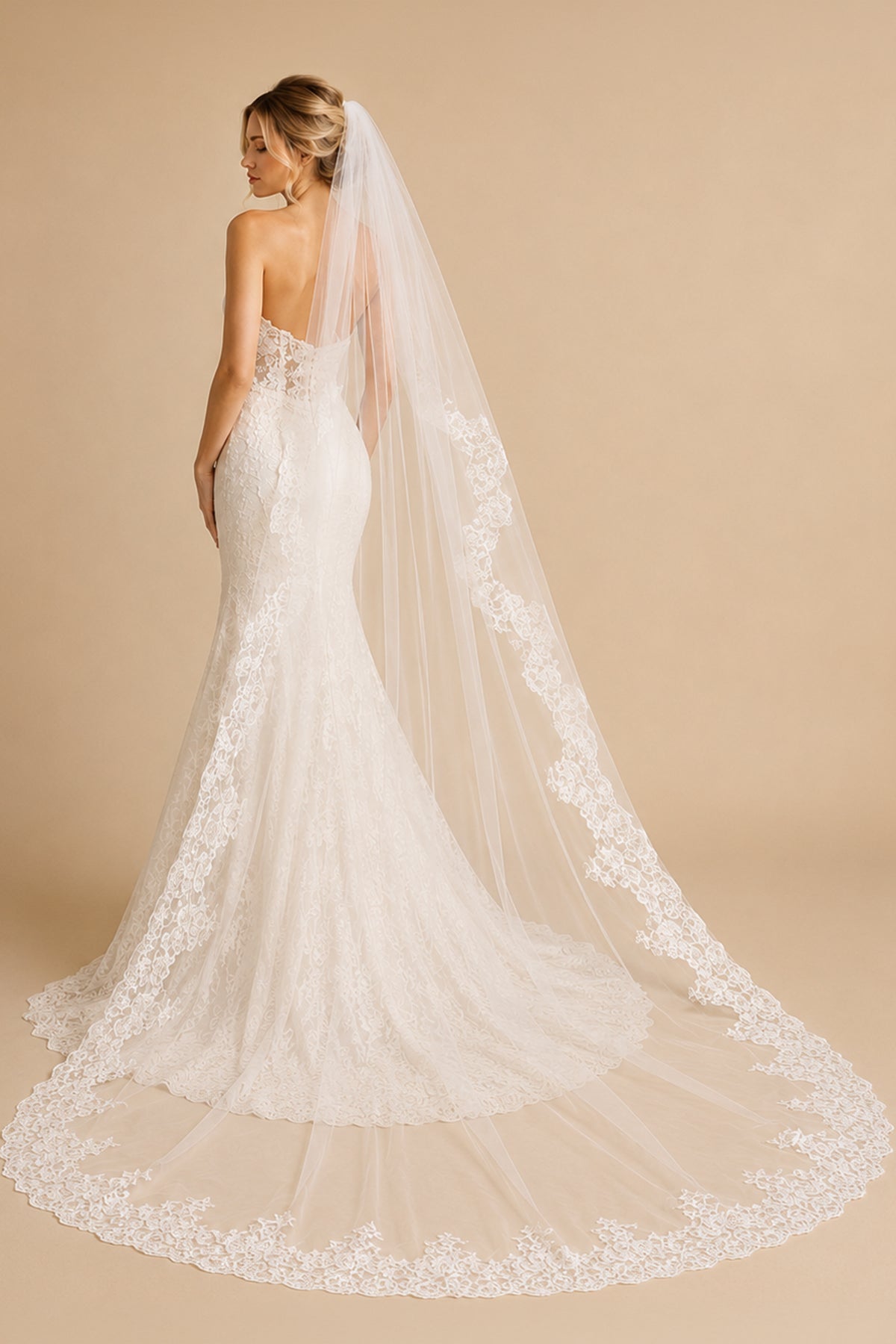One - Tier Vintage Tulle Lace Edge Chapel Veils Appliques Wedding Veil in White - BOLODOO Wedding Veils