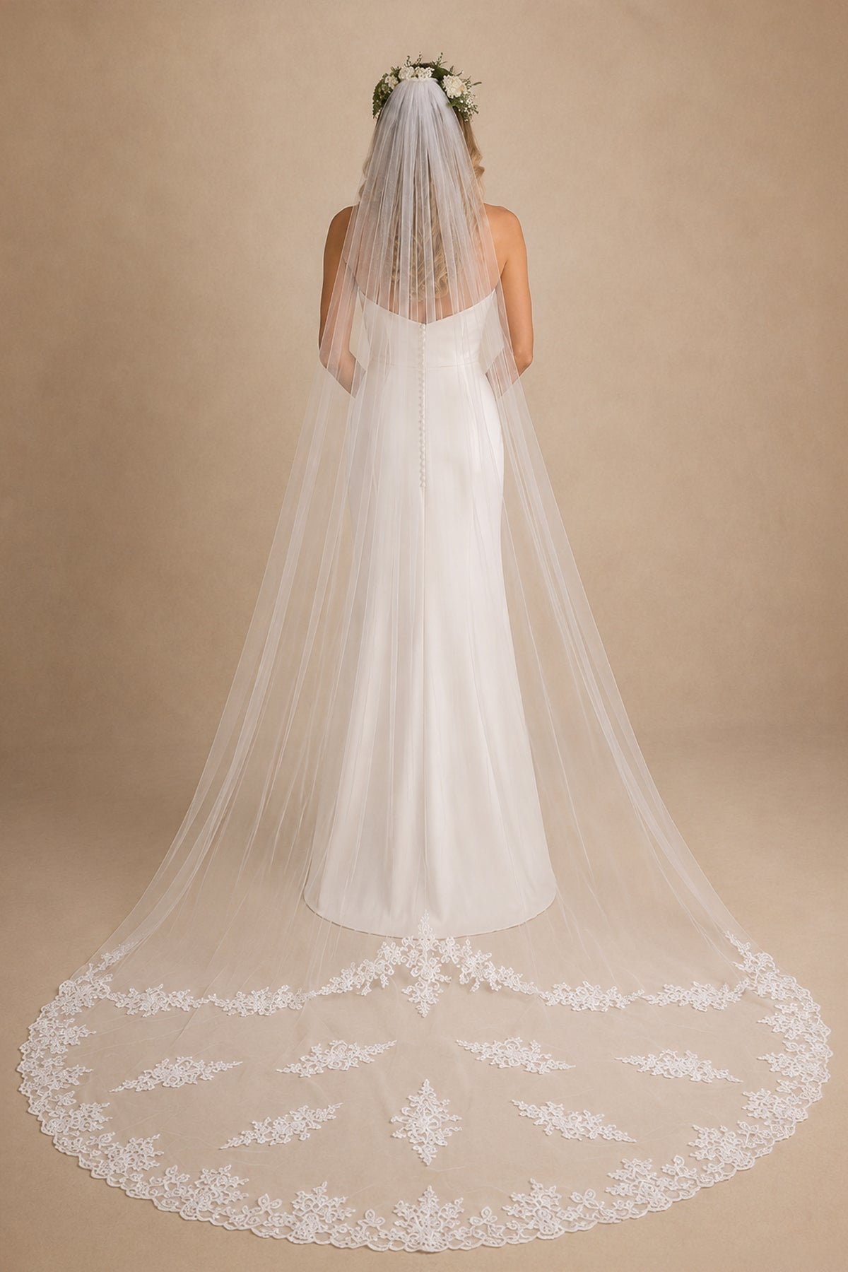 One Tier Simple Cathedral Veils with Lace Train in White