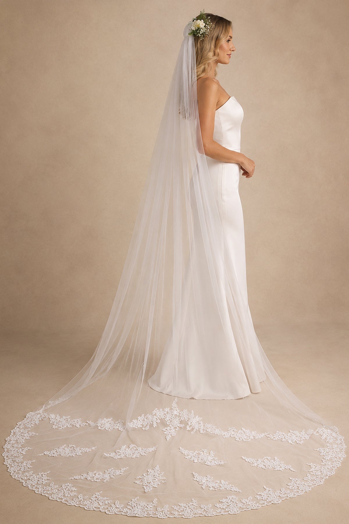 One Tier White Cathedral Veils Simple with Lace Train in White - BOLODOO Wedding Veils