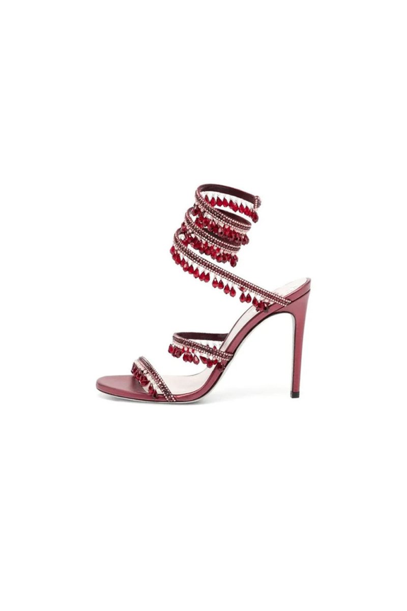 Open Toe Ankle Wrap Beaded Crystal Stiletto Heels - BOLODOO