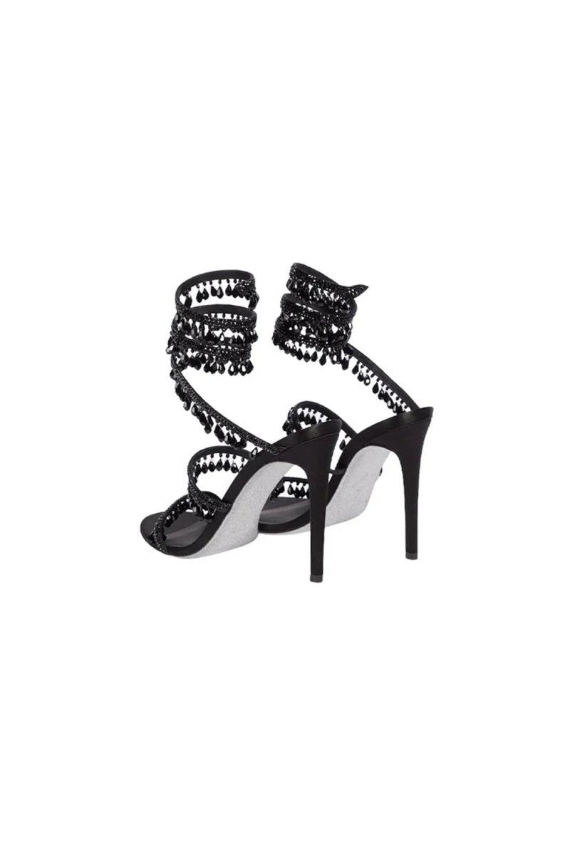 Open Toe Ankle Wrap Beaded Crystal Stiletto Heels