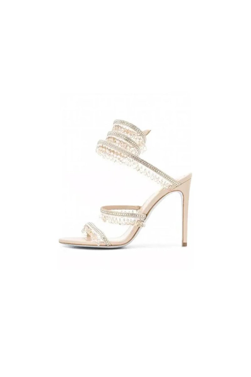 Open Toe Ankle Wrap Beaded Crystal Stiletto Heels