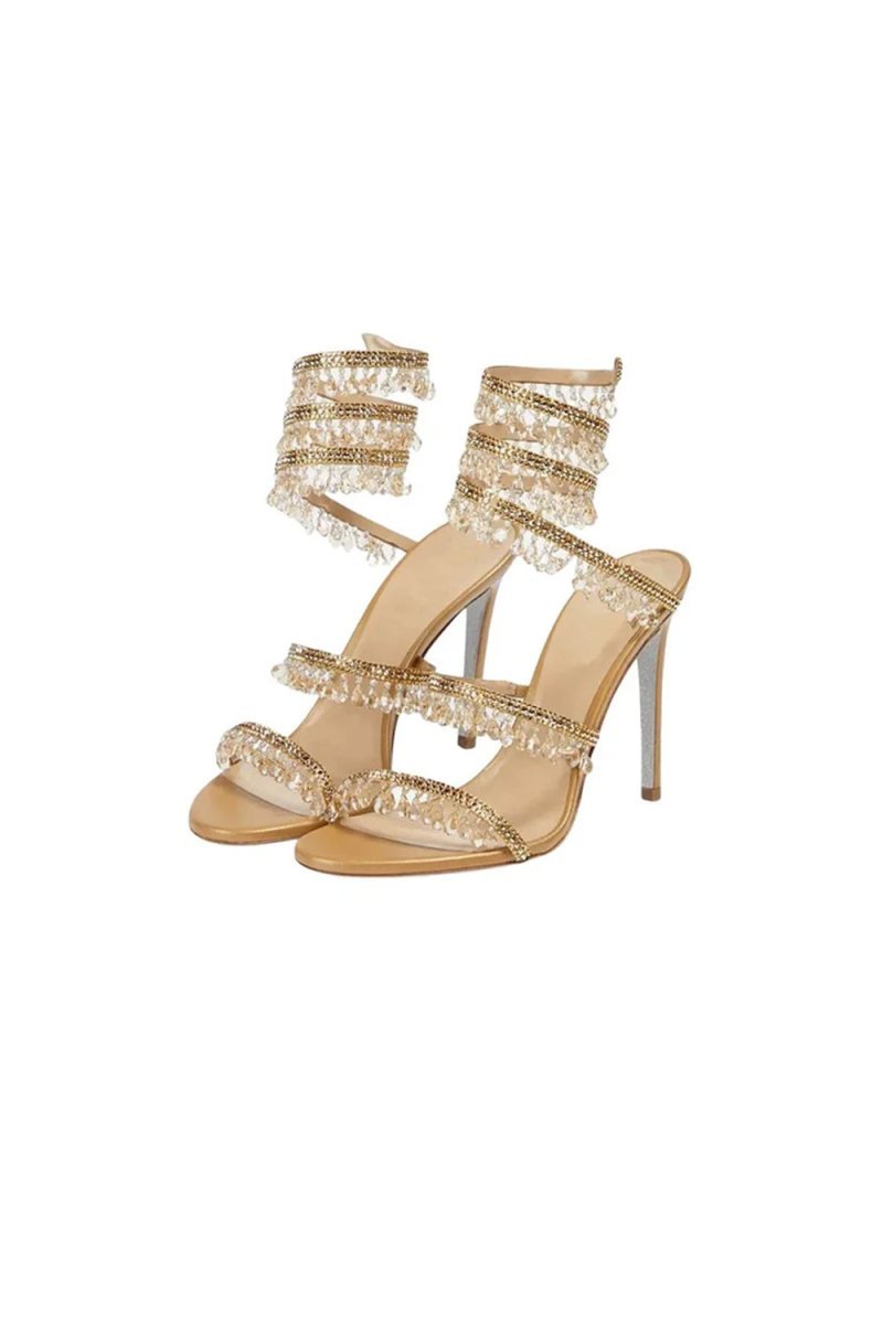 Open Toe Ankle Wrap Beaded Crystal Stiletto Heels - BOLODOO