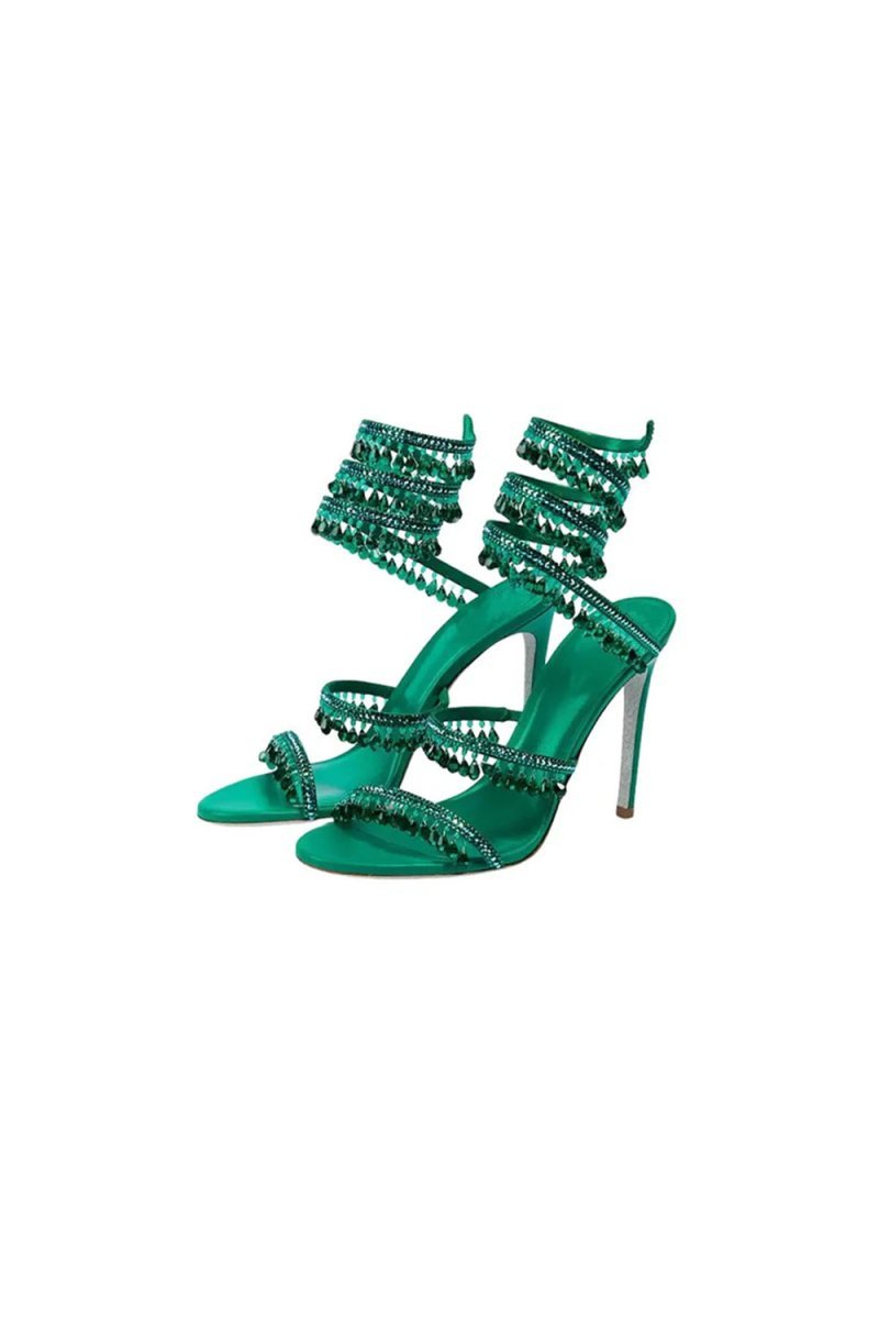 Open Toe Ankle Wrap Beaded Crystal Stiletto Heels - BOLODOO