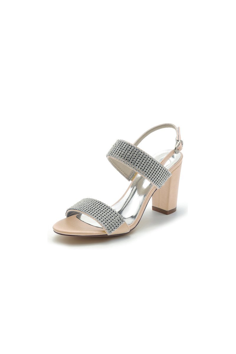 Open Toe Beaded Buckle Satin Chunky Heels - BOLODOO