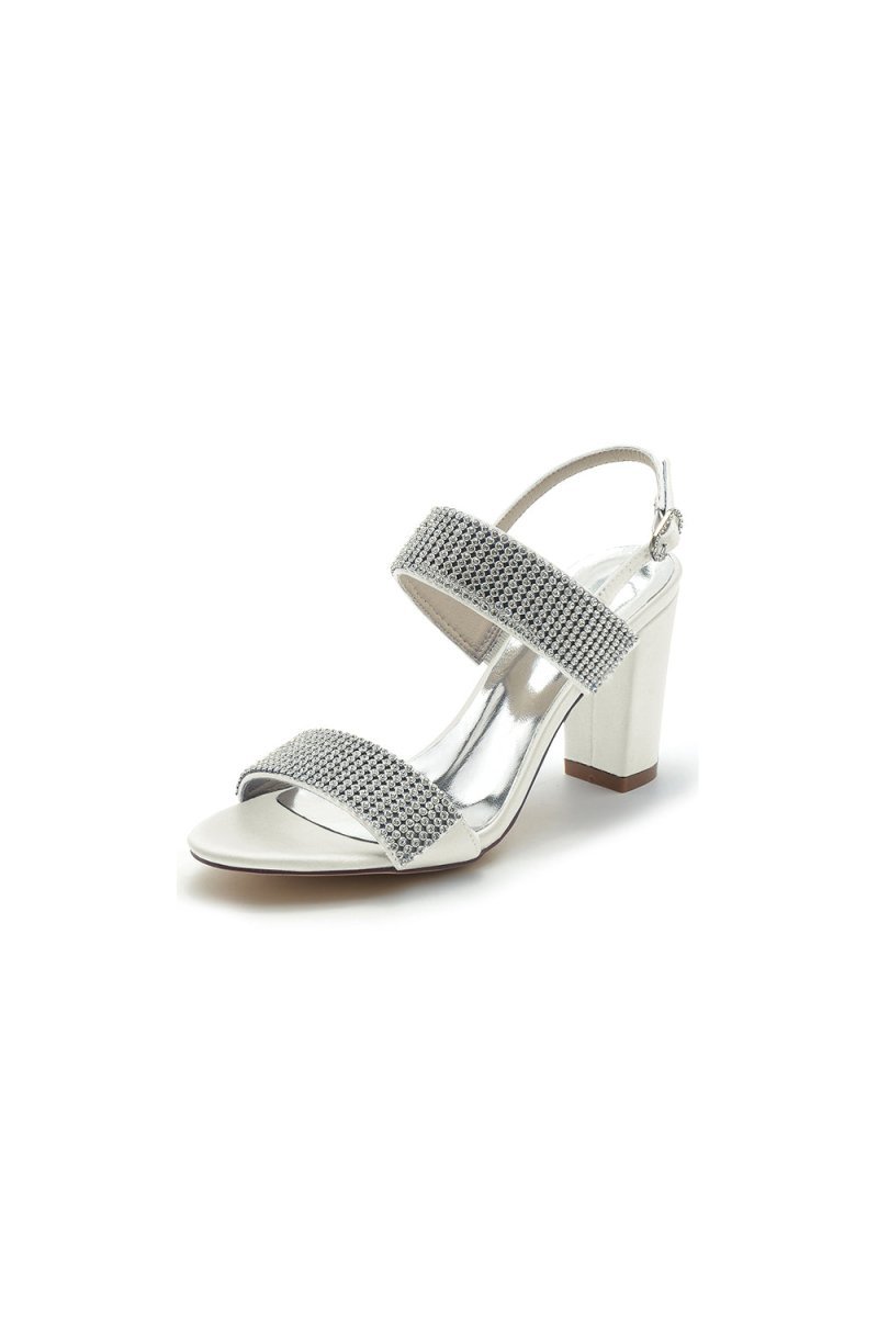 Open Toe Beaded Buckle Satin Chunky Heels - BOLODOO