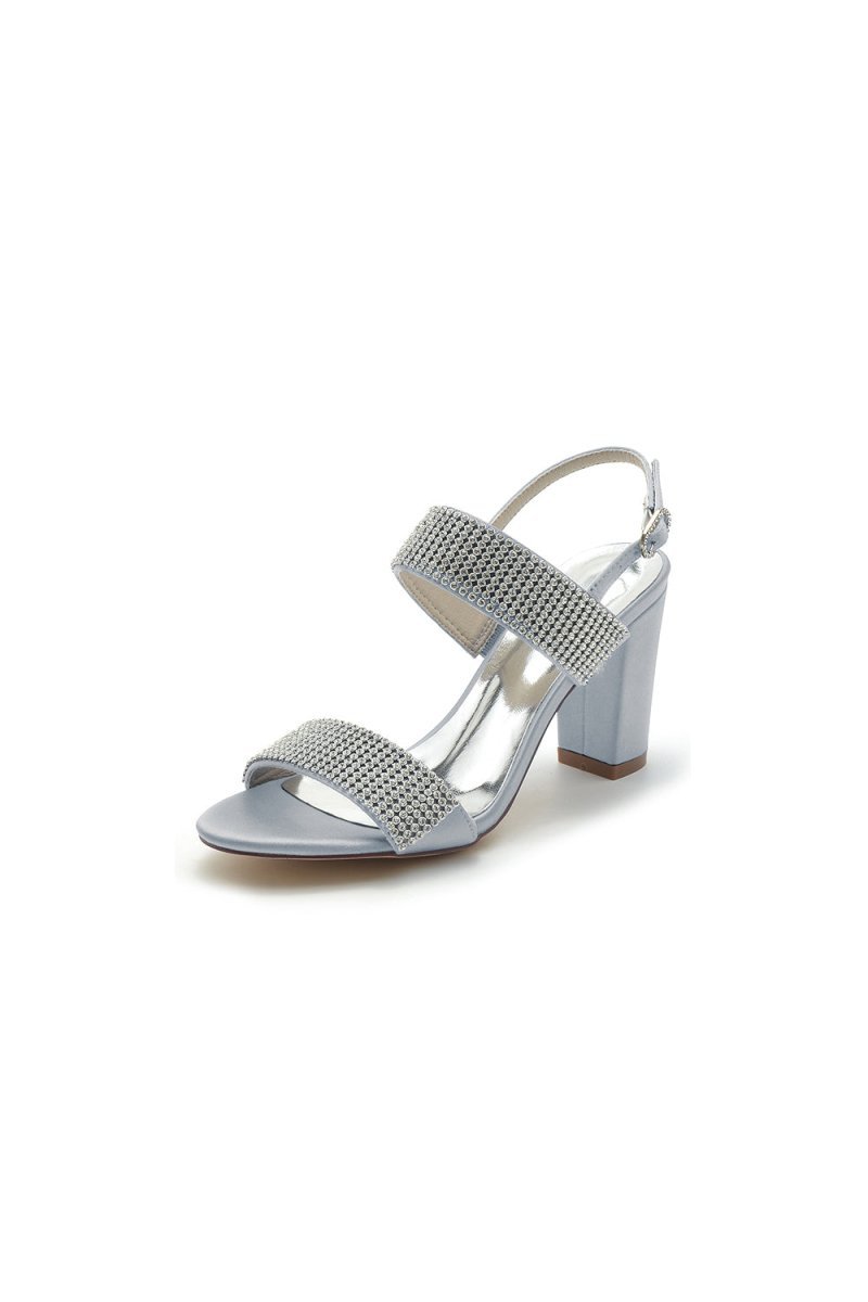 Open Toe Beaded Buckle Satin Chunky Heels - BOLODOO