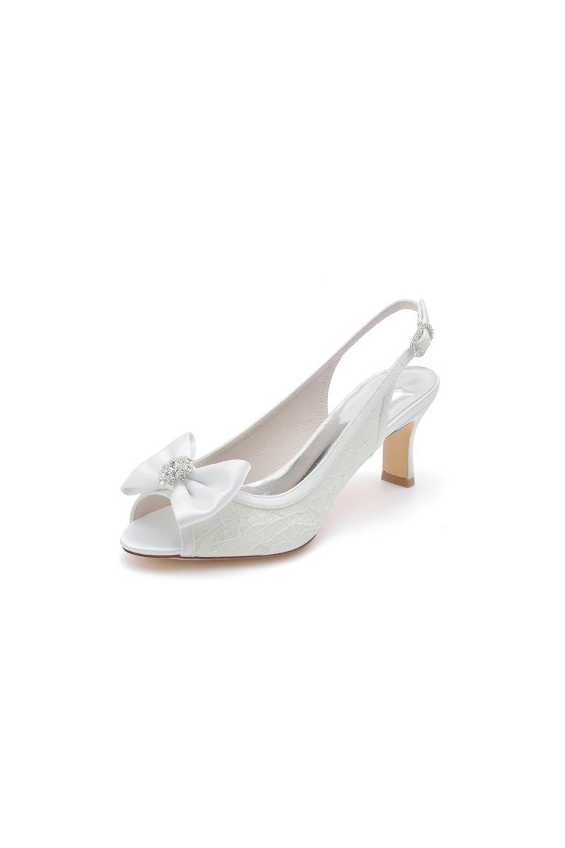 Open Toe Beaded Lace Wedding Shoes With Bow - BOLODOO