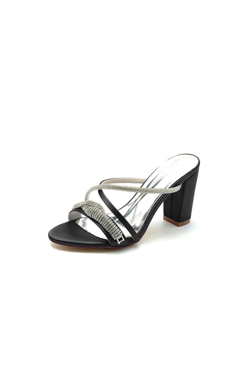 Open Toe Block Heels with Rhinestone - BOLODOO