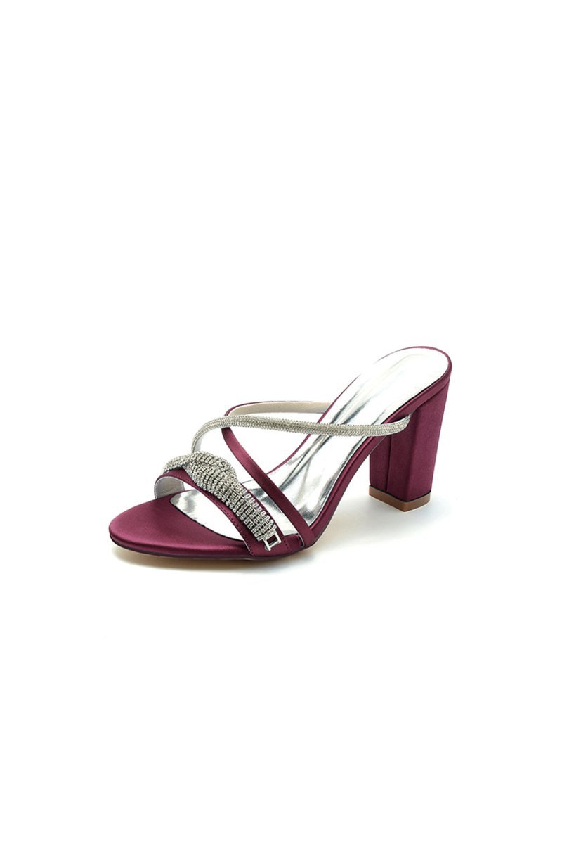 Open Toe Block Heels with Rhinestone - BOLODOO