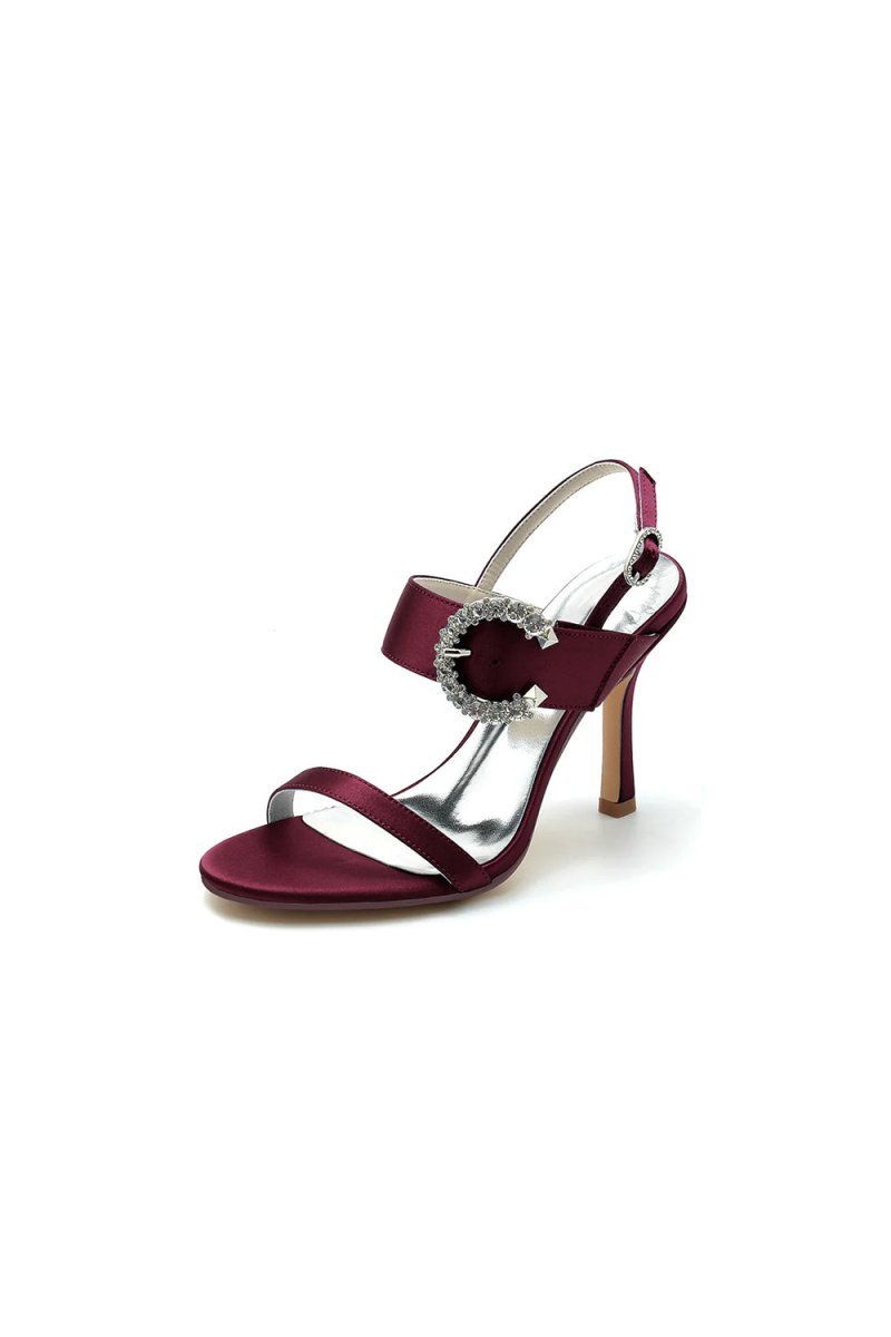 Open Toe Satin Heels with Crystal Buckle - BOLODOO
