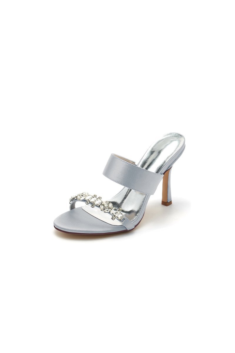 Open Toe Satin Strap Slip On High Heels With Rhinestone - BOLODOO
