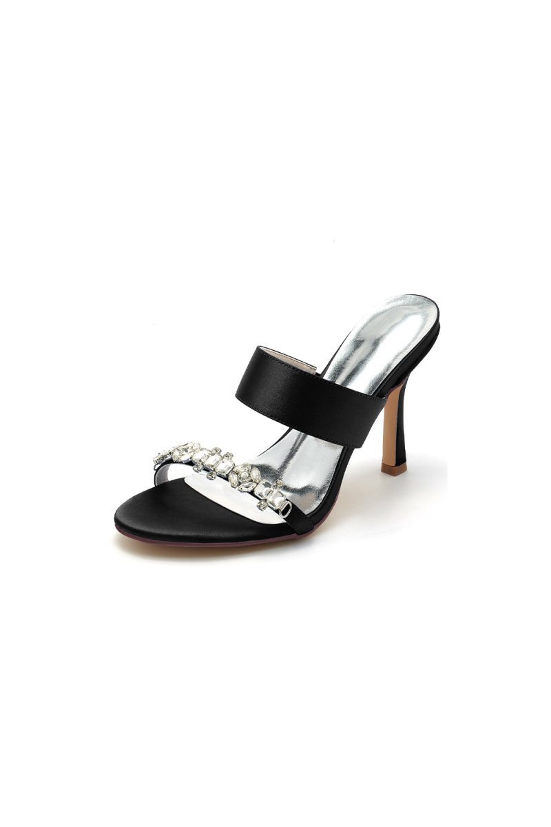 Open Toe Satin Strap Slip On High Heels With Rhinestone - BOLODOO