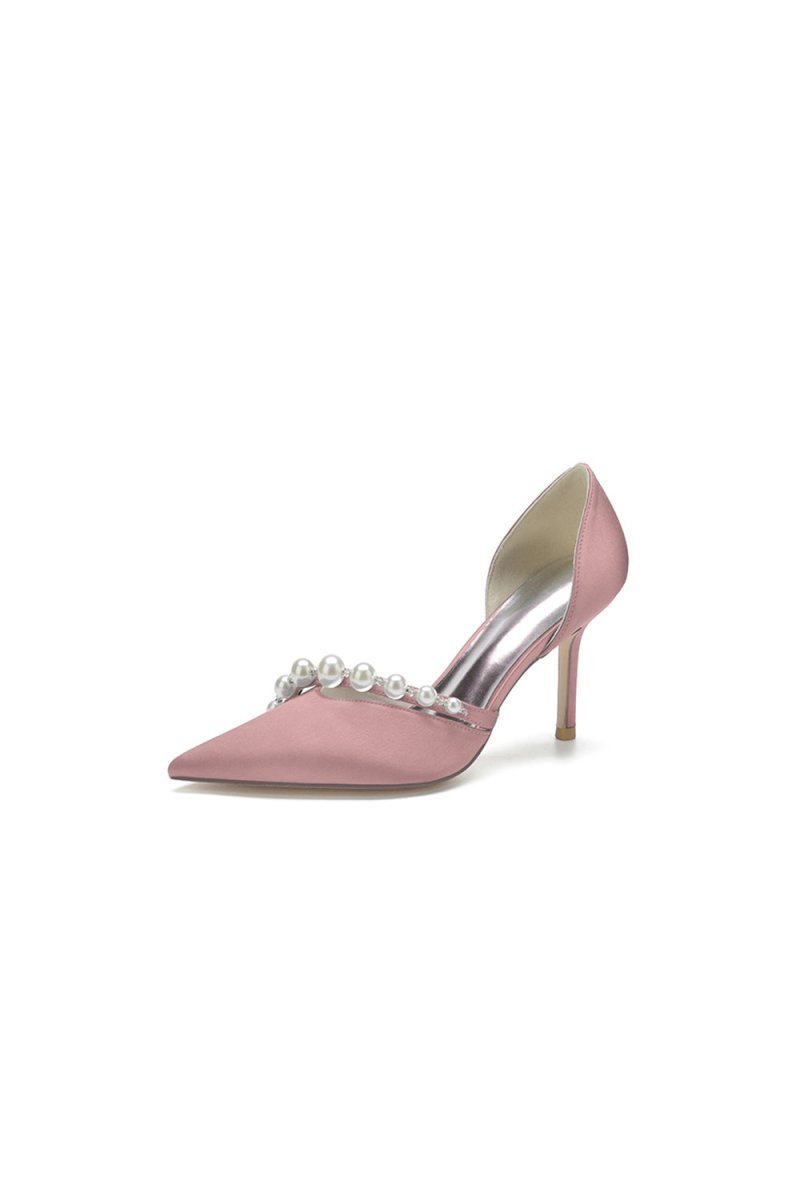 Party Pearl Strap Pointed Toe Satin High Heels - BOLODOO