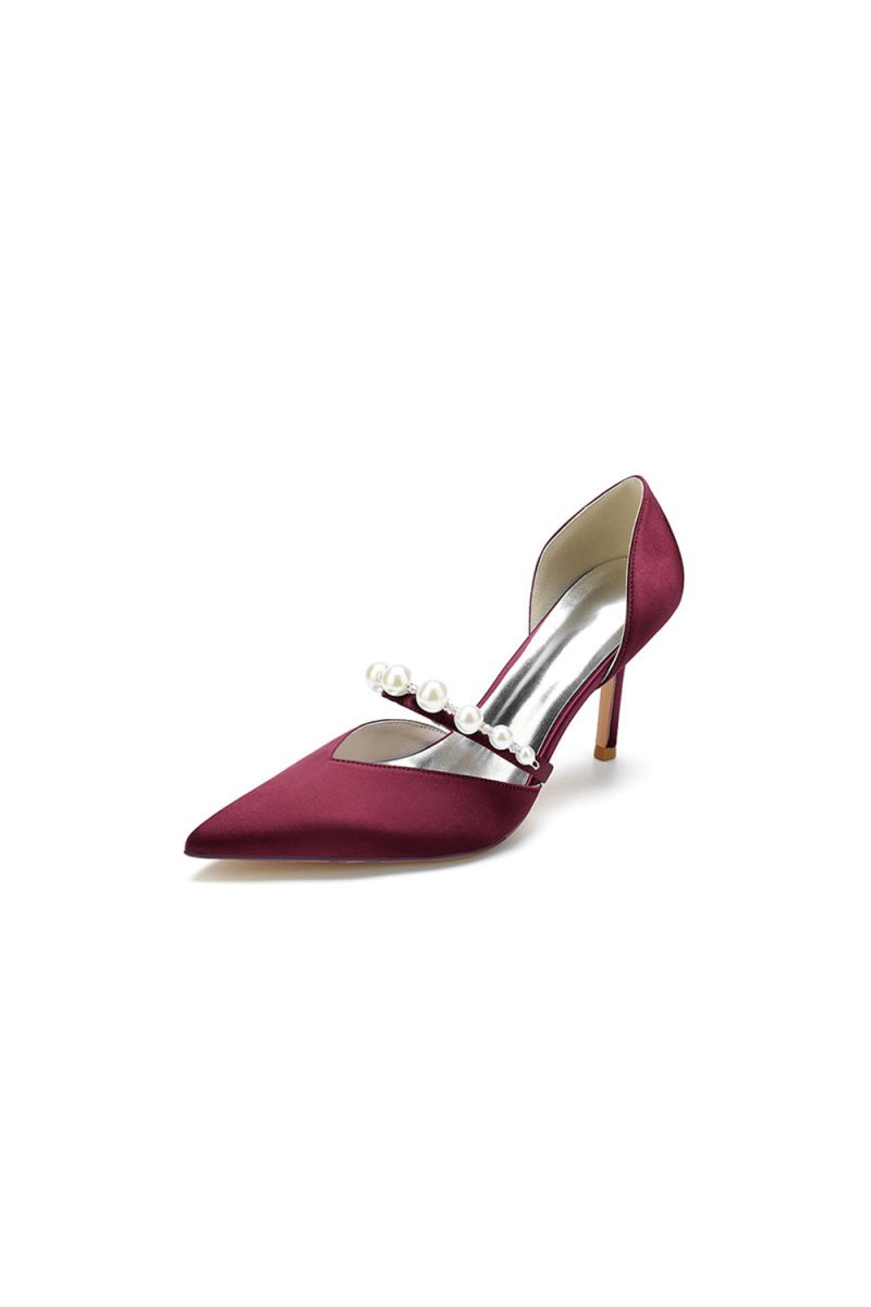 Party Pearl Strap Pointed Toe Satin High Heels - BOLODOO