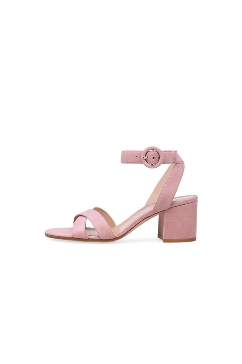 Party Suede Peep Toe Chunky Heel Shoes With Buckle Ankle Strap - BOLODOO
