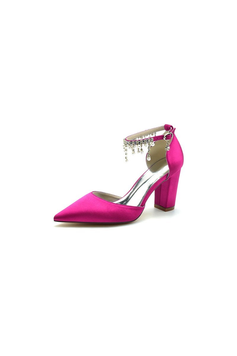 Pearl Beaded Pointed Toe Ankle Strap Chunky Heel - BOLODOO