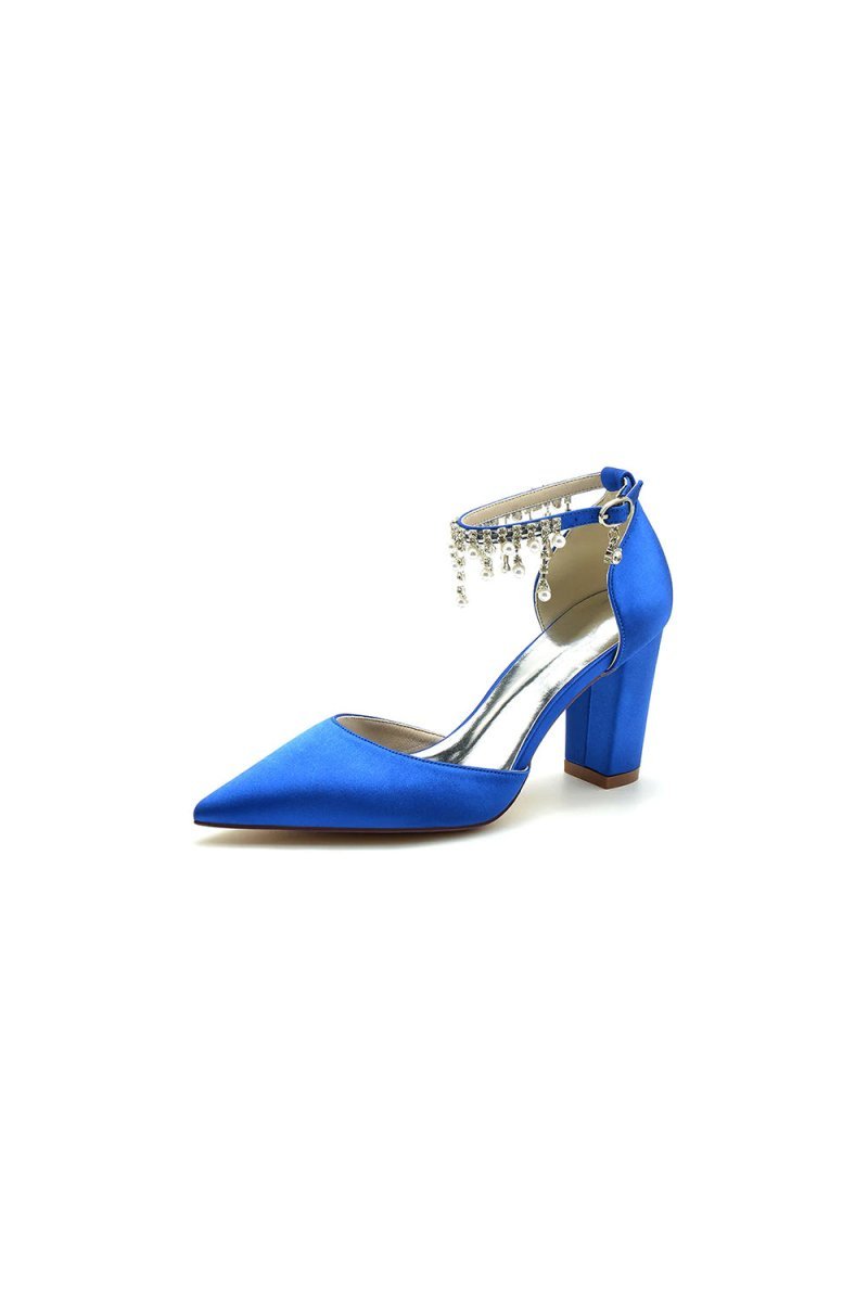 Pearl Beaded Pointed Toe Ankle Strap Chunky Heel - BOLODOO