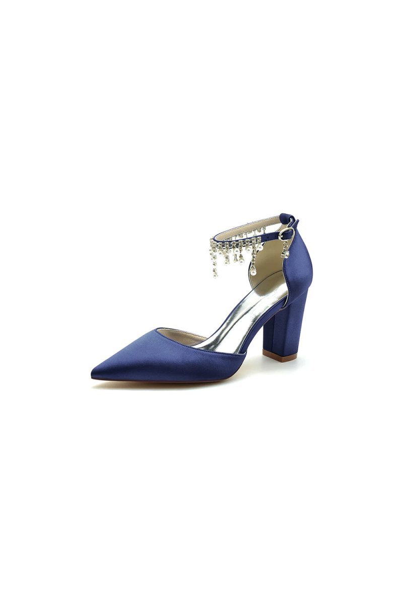 Pearl Beaded Pointed Toe Ankle Strap Chunky Heel - BOLODOO