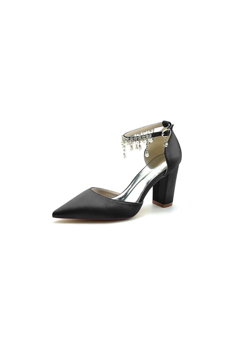 Pearl Beaded Pointed Toe Ankle Strap Chunky Heel - BOLODOO
