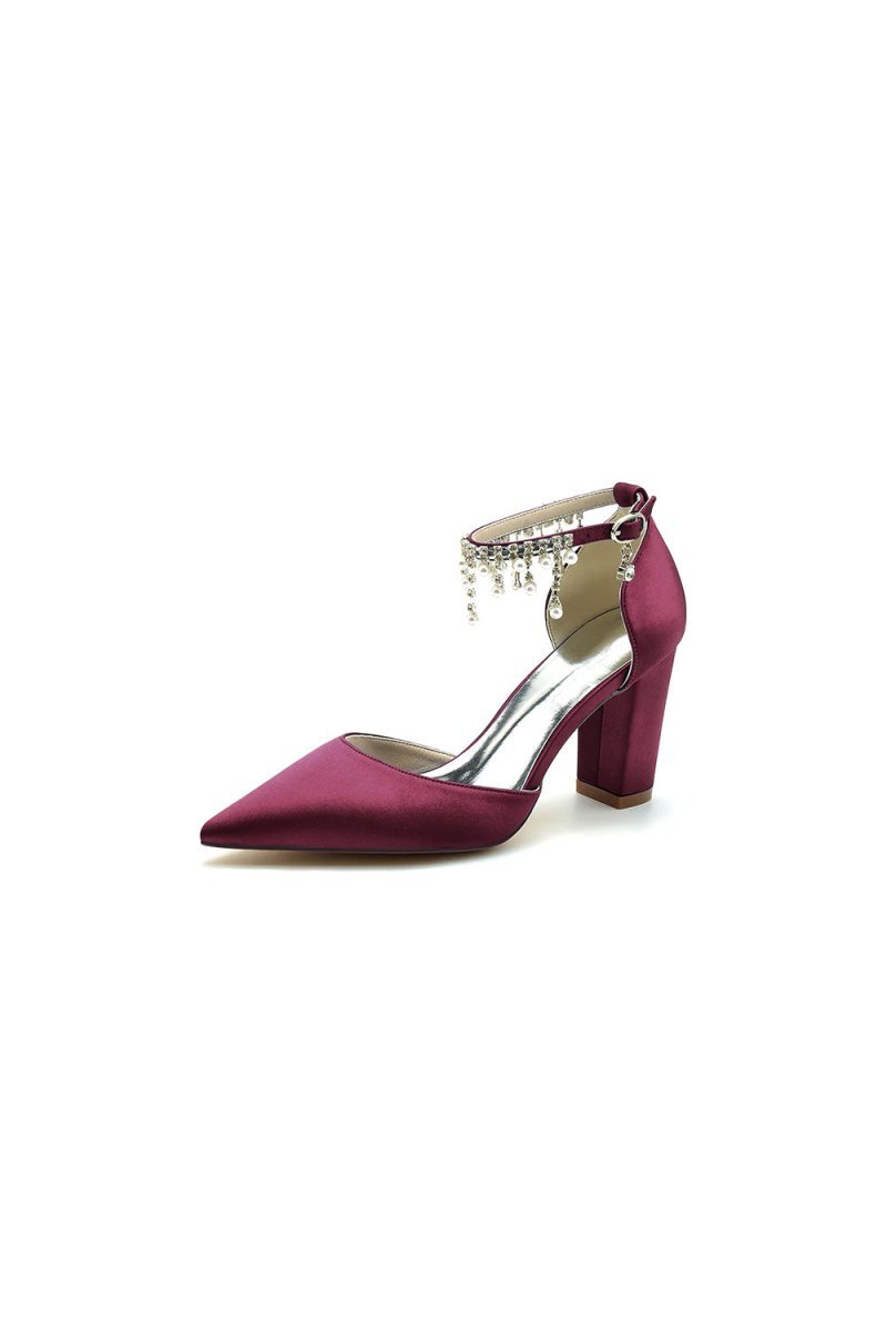 Pearl Beaded Pointed Toe Ankle Strap Chunky Heel - BOLODOO