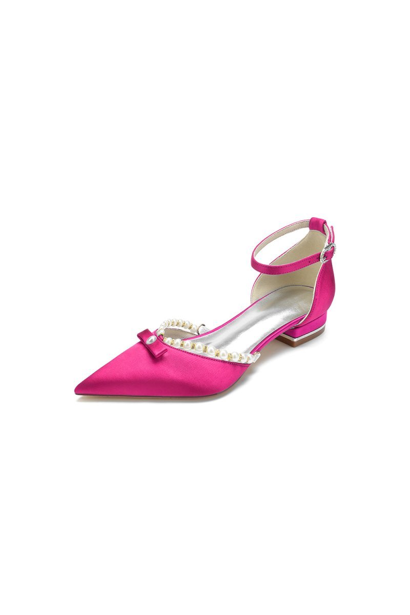 Pearl Bow Buckle Strap Pointed Toe Flats - BOLODOO