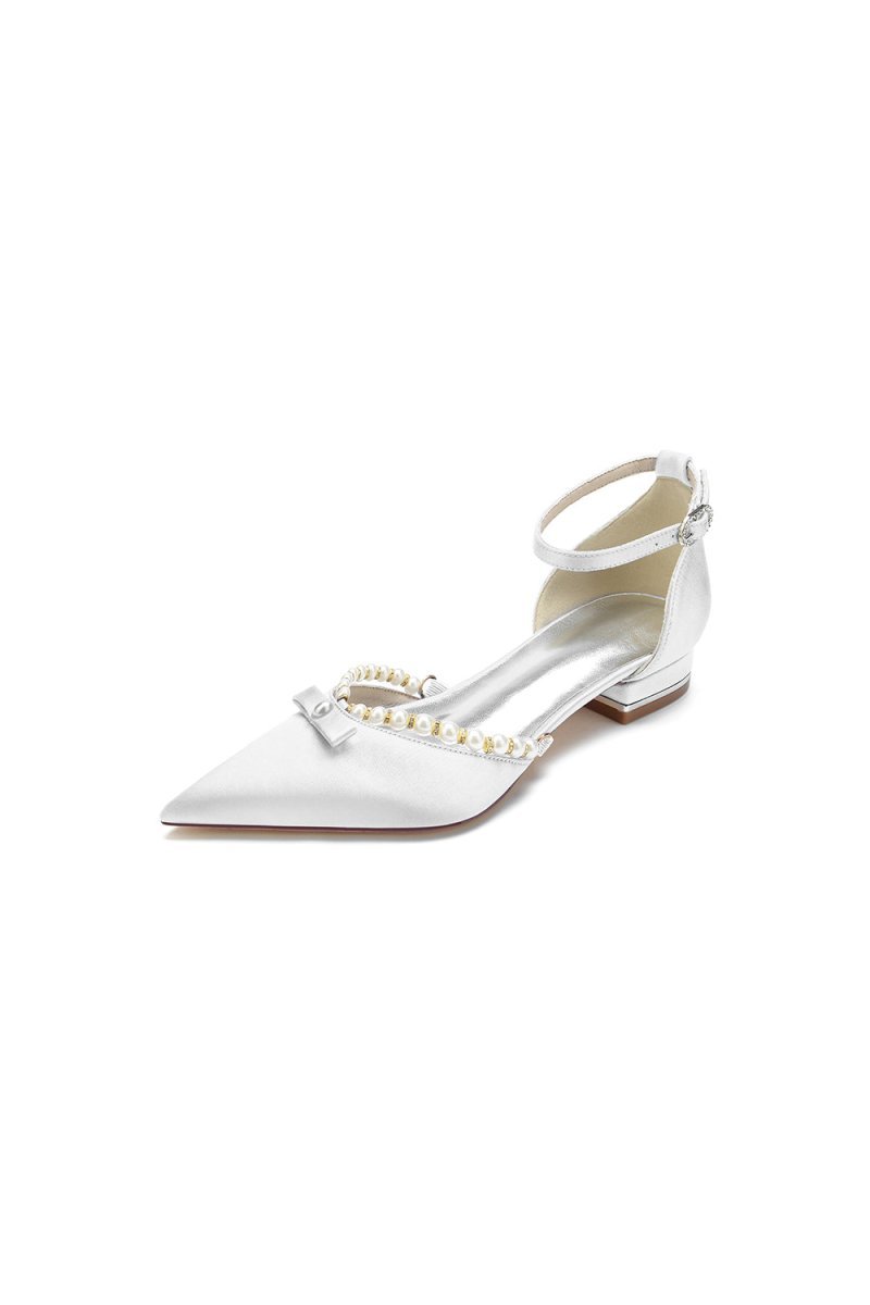 Pearl Bow Buckle Strap Pointed Toe Flats - BOLODOO