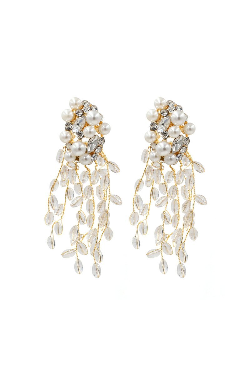 Pearl Dangle Earrings Crystal Gold Floral Hoop