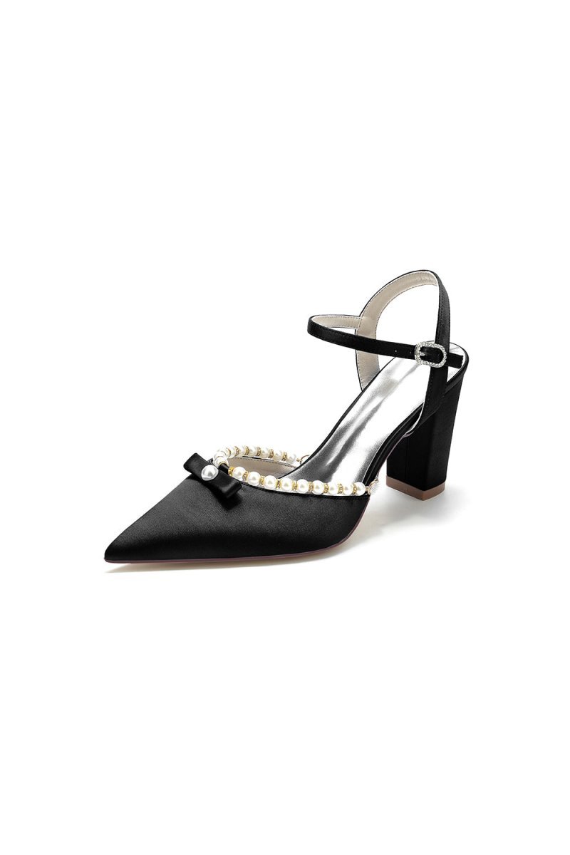 Pearl Pointed Toe Ankle Strap Chunky Heels With Bow - BOLODOO