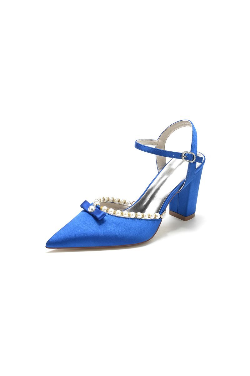 Pearl Pointed Toe Ankle Strap Chunky Heels With Bow - BOLODOO