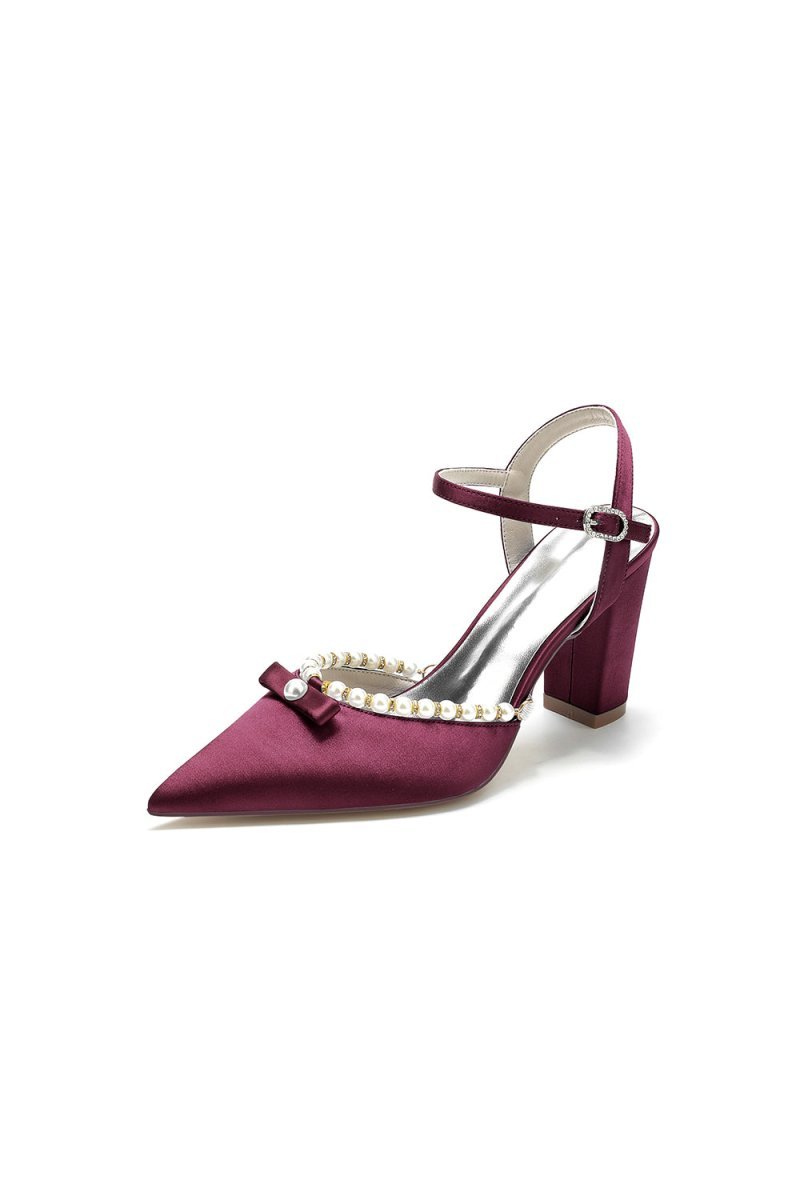 Pearl Pointed Toe Ankle Strap Chunky Heels With Bow - BOLODOO