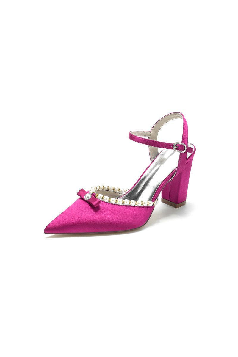 Pearl Pointed Toe Ankle Strap Chunky Heels With Bow - BOLODOO