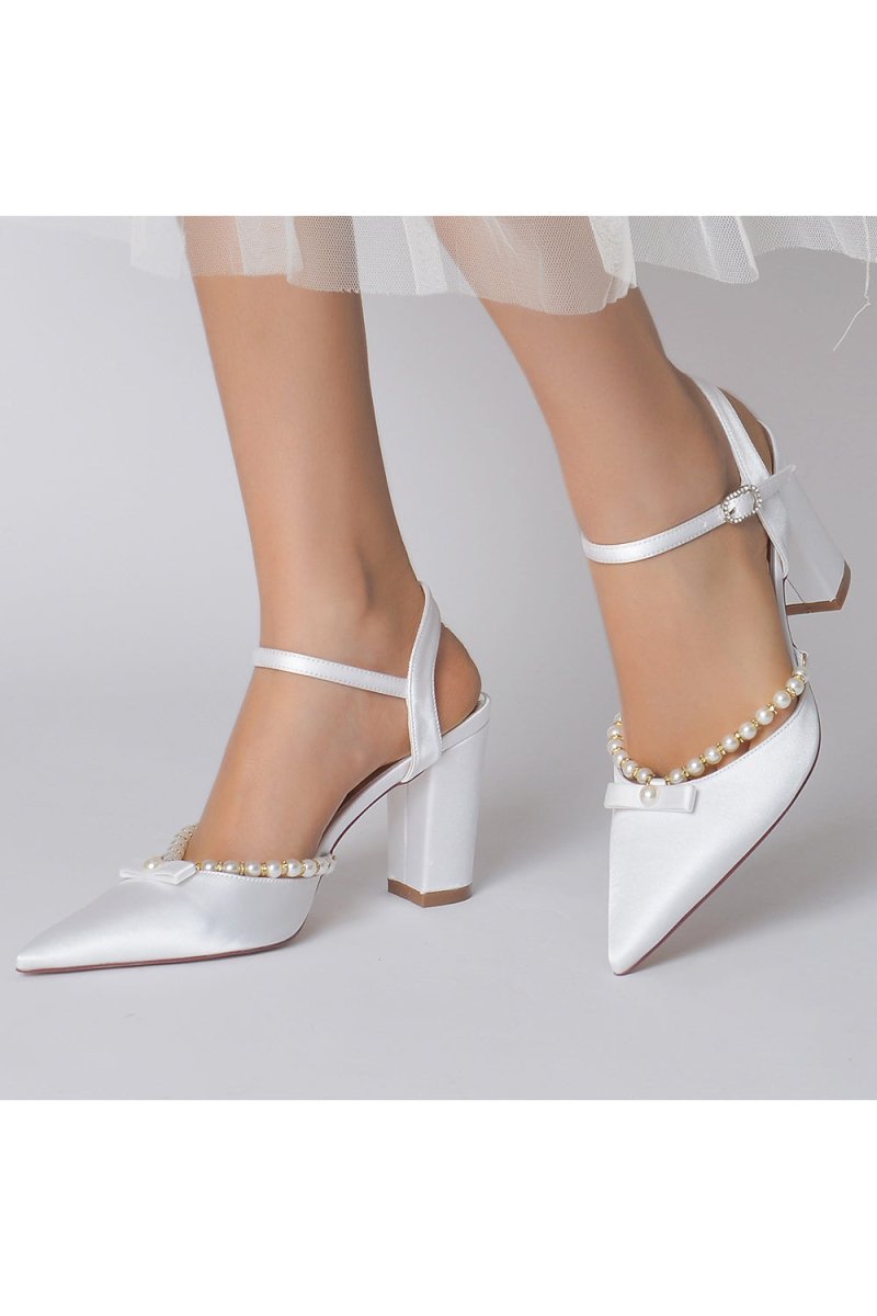 Pearl Pointed Toe Ankle Strap Chunky Heels With Bow
