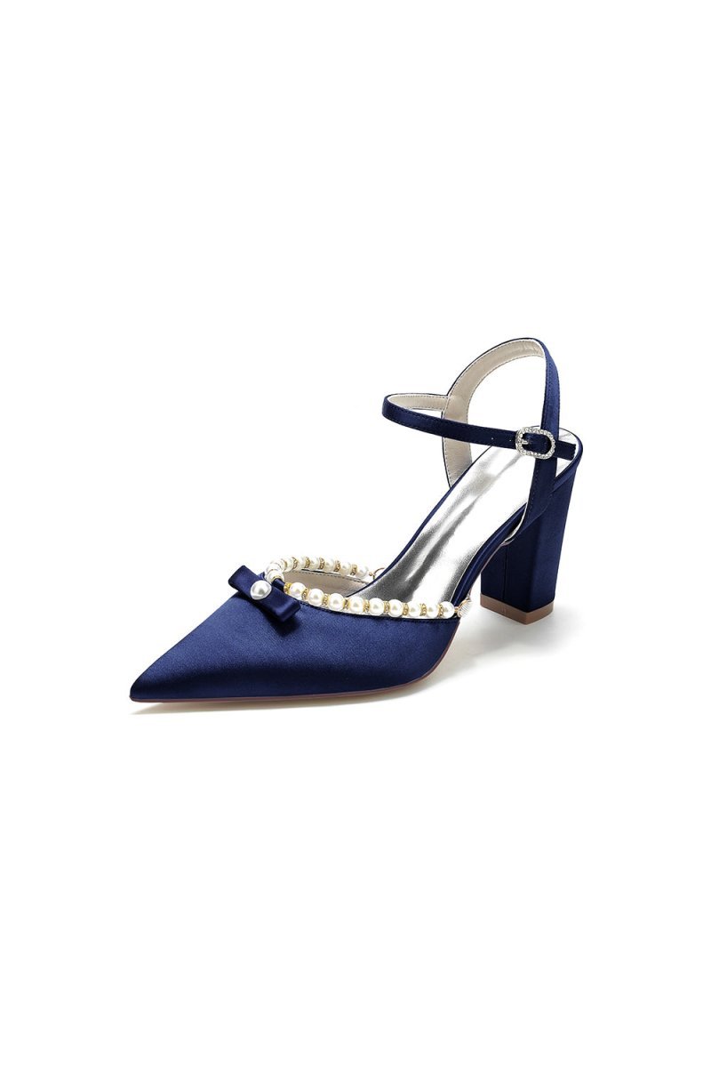 Pearl Pointed Toe Ankle Strap Chunky Heels With Bow - BOLODOO