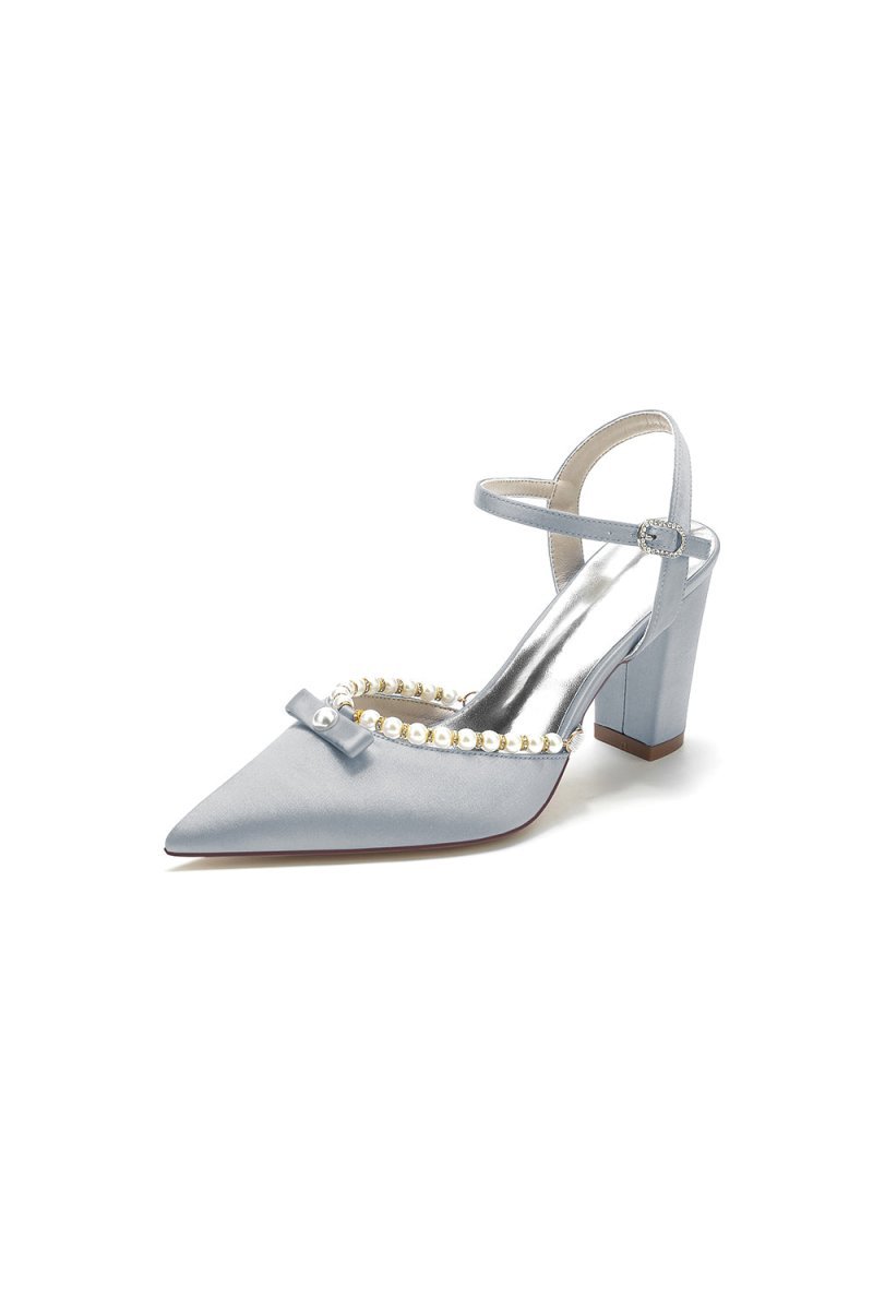 Pearl Pointed Toe Ankle Strap Chunky Heels With Bow - BOLODOO