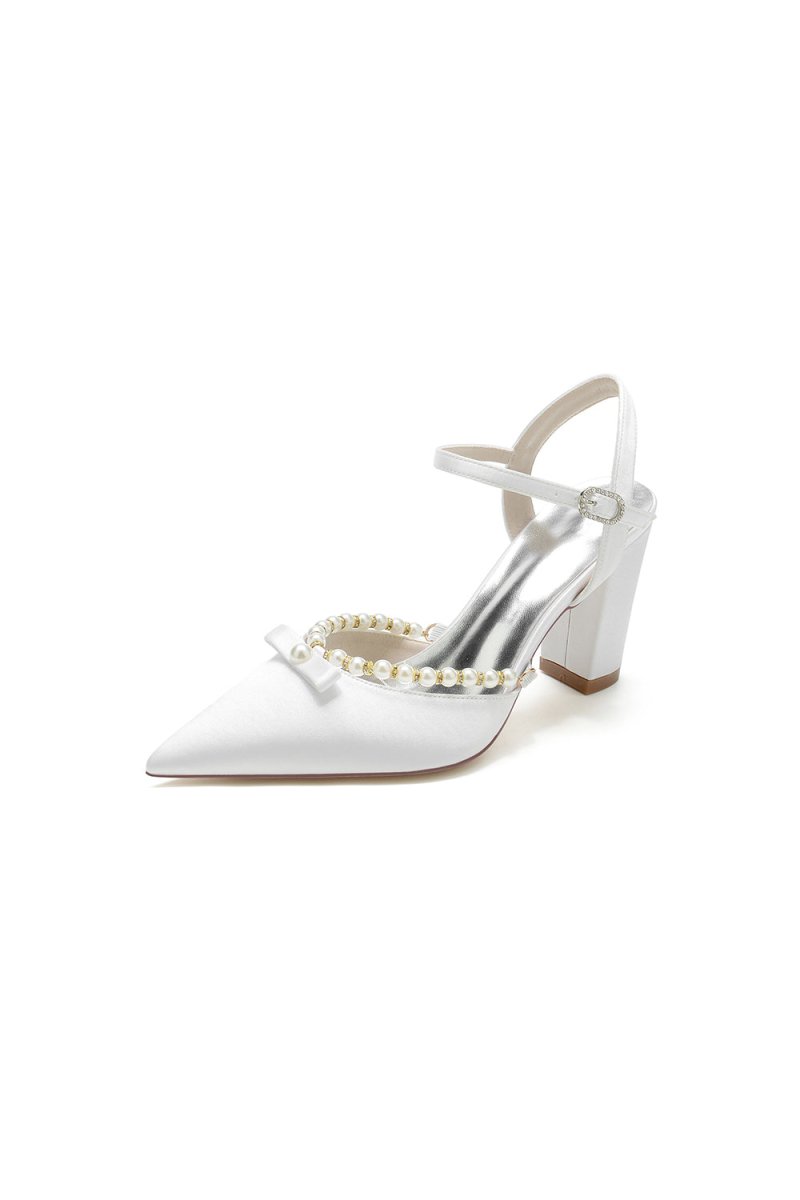 Pearl Pointed Toe Ankle Strap Chunky Heels With Bow - BOLODOO