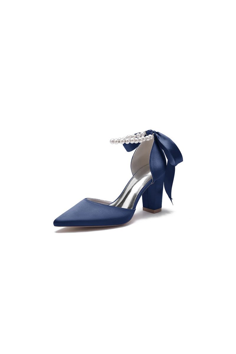 Pearl Ribbon Pointed Toe Ankle Strap Chunky Heel - BOLODOO