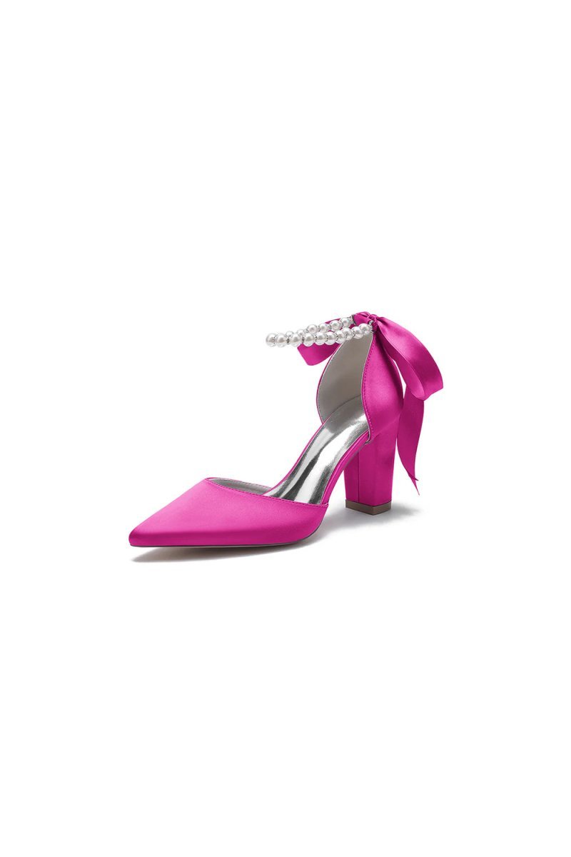 Pearl Ribbon Pointed Toe Ankle Strap Chunky Heel - BOLODOO