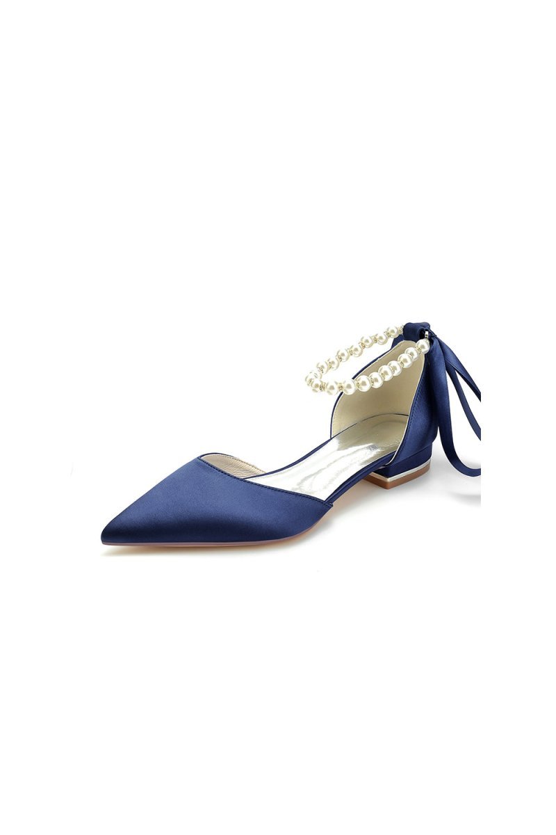 Pearl Ribbon Pointed Toe Ankle Strap Kitten Heels - BOLODOO