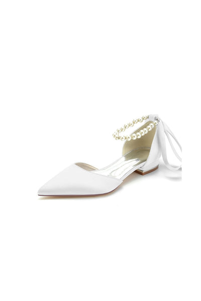 Pearl Ribbon Pointed Toe Ankle Strap Kitten Heels - BOLODOO