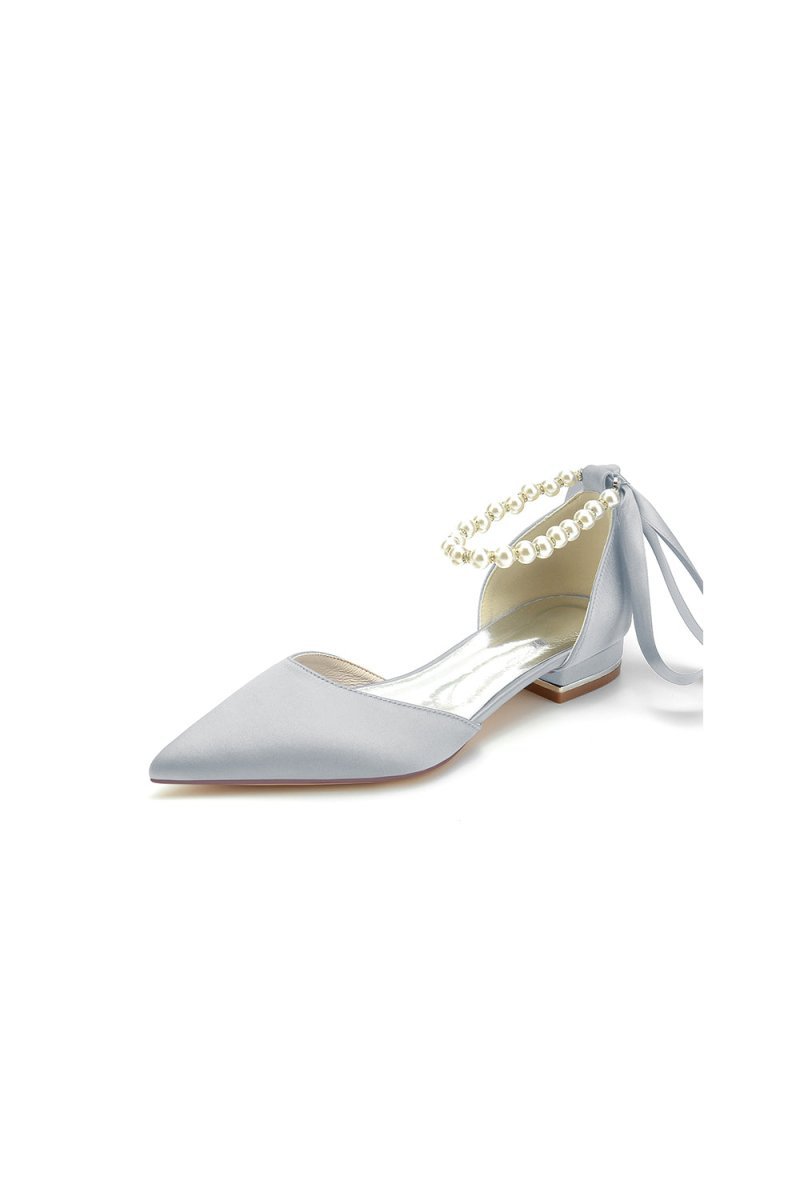 Pearl Ribbon Pointed Toe Ankle Strap Kitten Heels - BOLODOO