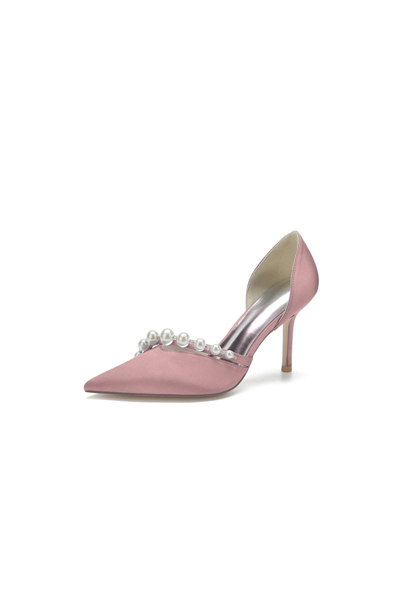 Pearl Strap Pointed Toe Satin High Heels - BOLODOO