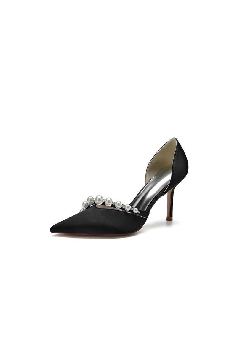 Pearl Strap Pointed Toe Satin High Heels - BOLODOO