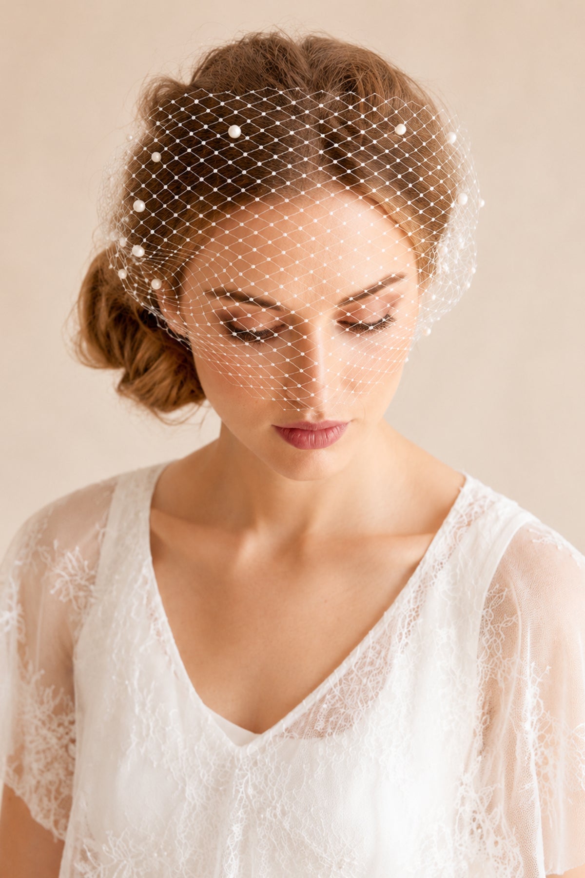 Pearls Vintage Mesh Birdcage Wedding Veils in Ivory