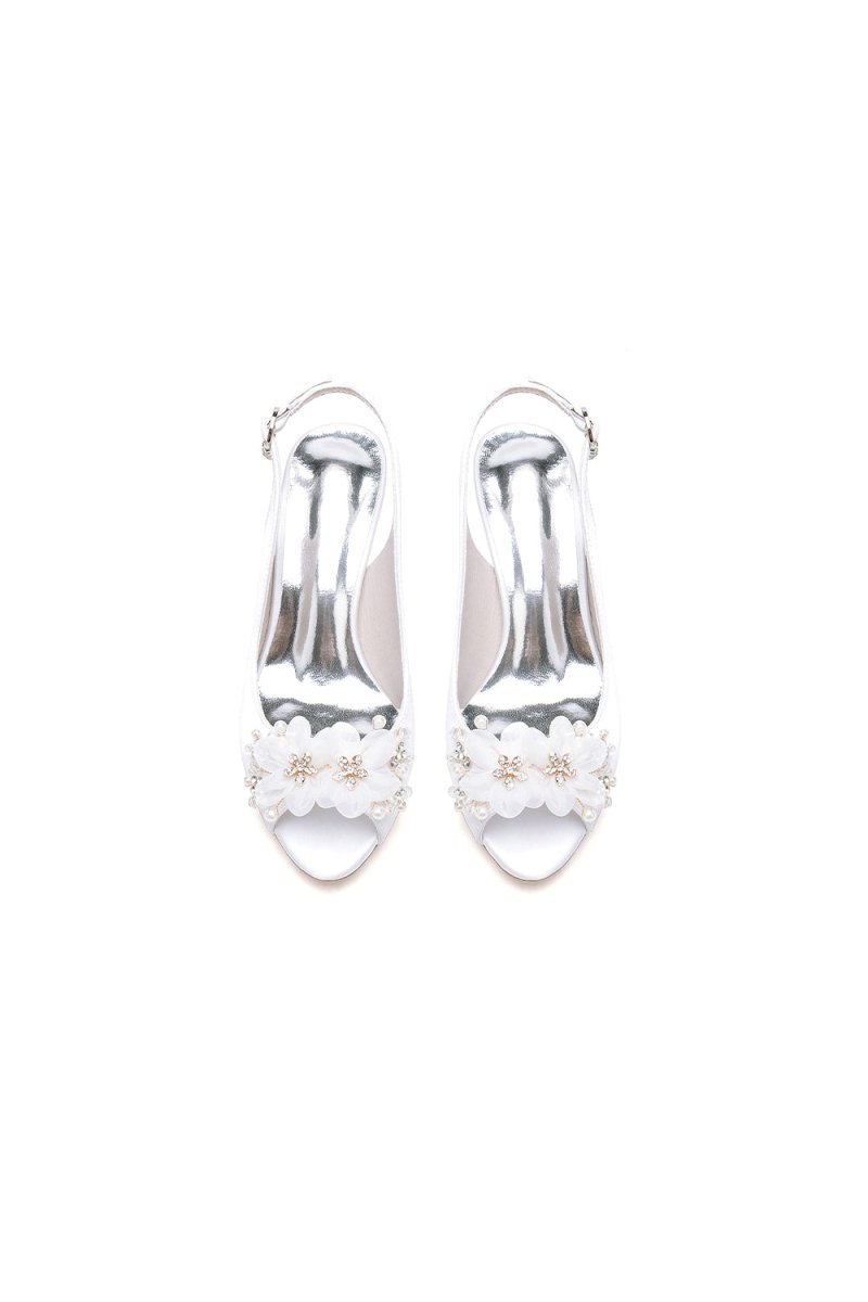 Peep Toe Slingback Beaded Chunky Wedding Shoes with Flowers